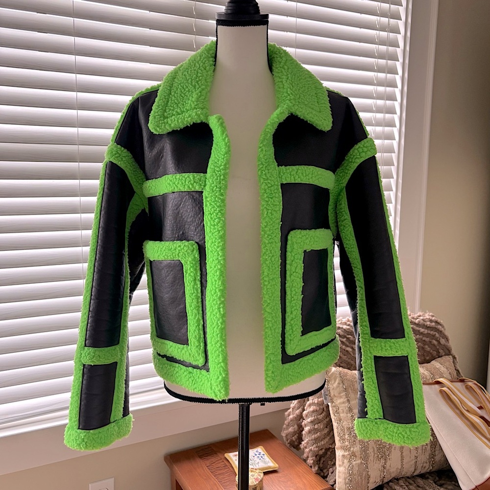 AKIRA Label La Vida Lime Crime Pleather Sherpa Coat Faux Leather Neon 💚 Size XL - Picture 6 of 16